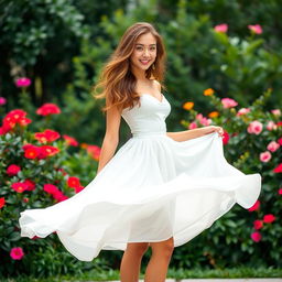 A young woman standing in an elegant outdoor setting, wearing a flowing white skirt that gently dances in the breeze