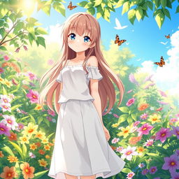 Anime girl wearing a white skirt, standing in a lush, vibrant garden filled with colorful flowers