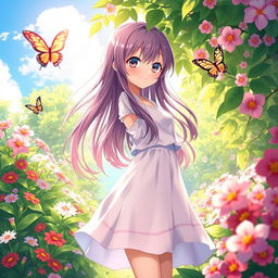 Anime girl wearing a white skirt, standing in a lush, vibrant garden filled with colorful flowers
