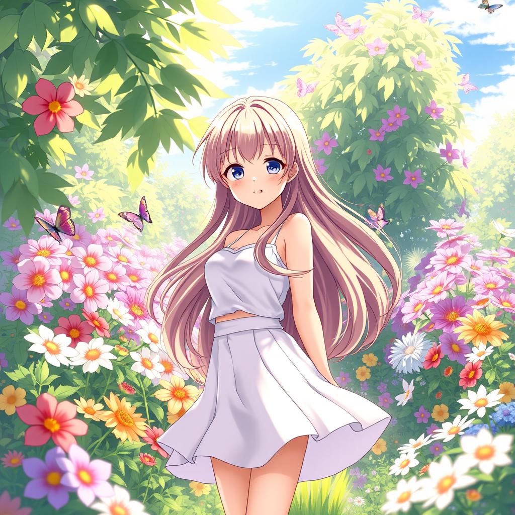 Anime girl wearing a white skirt, standing in a lush, vibrant garden filled with colorful flowers