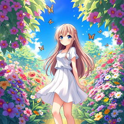 Anime girl wearing a white skirt, standing in a lush, vibrant garden filled with colorful flowers