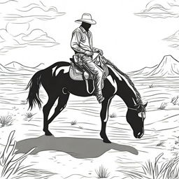 A cowboy under the scorching sun, the heat almost tangible. This should be designed as a dramatic colouring book page.