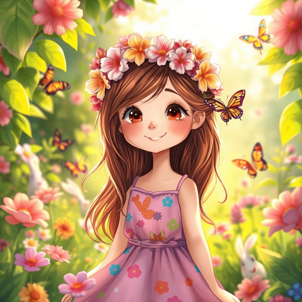 A vibrant and lively illustration of a young girl surrounded by blooming flowers in a sunlit garden