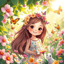 A vibrant and lively illustration of a young girl surrounded by blooming flowers in a sunlit garden