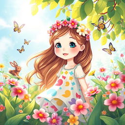 A vibrant and lively illustration of a young girl surrounded by blooming flowers in a sunlit garden