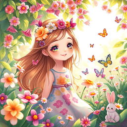 A vibrant and lively illustration of a young girl surrounded by blooming flowers in a sunlit garden