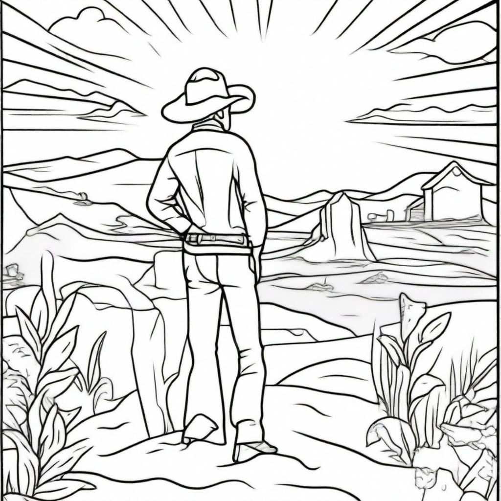 A tranquil scene of a cowboy illuminated by a beautiful, radiant sun