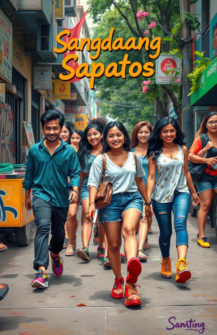 An artistic representation inspired by the title 'Sangdaang Sapatos', showcasing a vibrant street scene filled with a variety of colorful and uniquely designed shoes