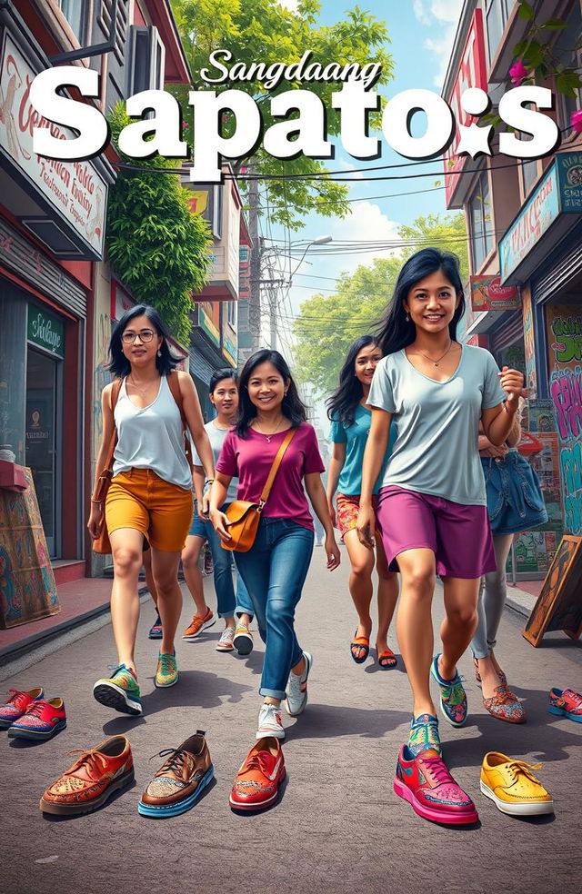 An artistic representation inspired by the title 'Sangdaang Sapatos', showcasing a vibrant street scene filled with a variety of colorful and uniquely designed shoes