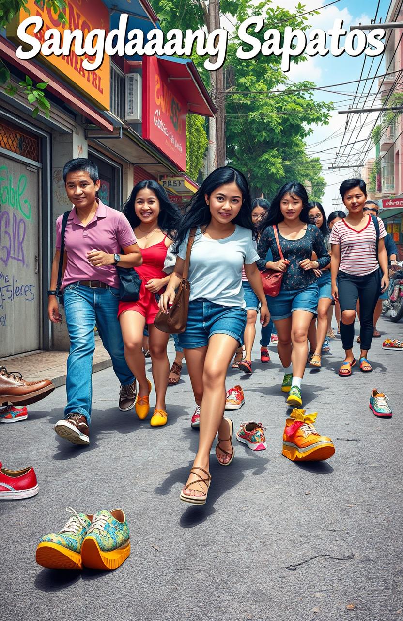 An artistic representation inspired by the title 'Sangdaang Sapatos', showcasing a vibrant street scene filled with a variety of colorful and uniquely designed shoes