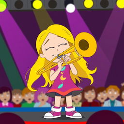 A cartoon character inspired by the style of 'South Park', featuring a girl with long blonde hair playing a trombone on a stage