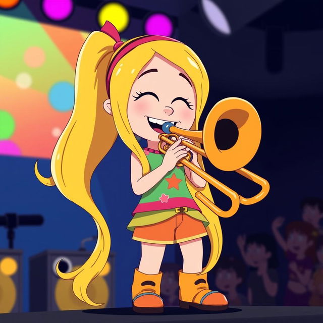 A cartoon character inspired by the style of 'South Park', featuring a girl with long blonde hair playing a trombone on a stage