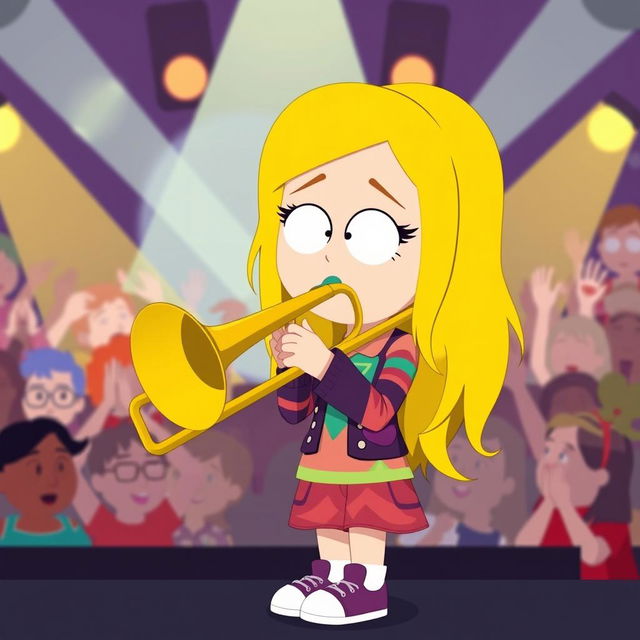 A cartoon character inspired by 'South Park', featuring a girl with long blonde hair named Bebe enthusiastically playing a trombone