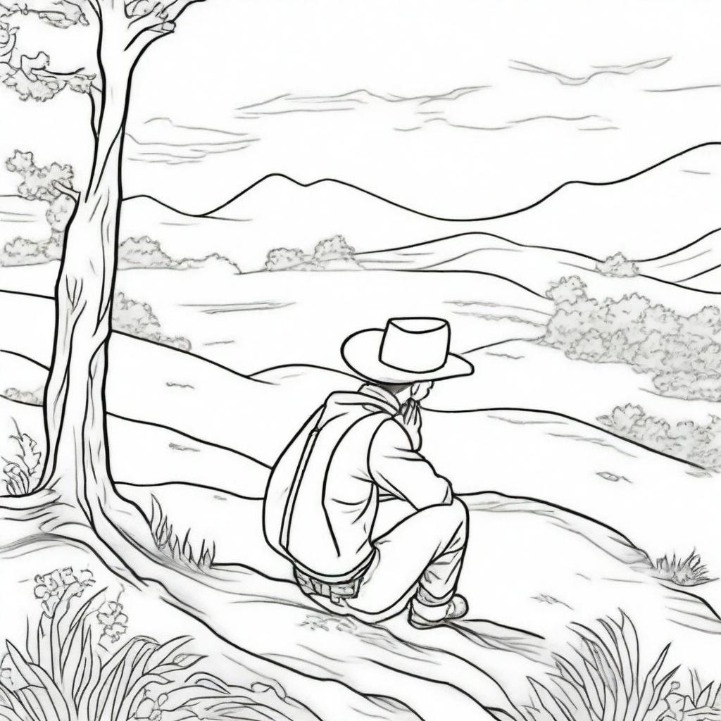 A cowboy on his knees in prayer, a moment of solitude and serenity in the wilderness