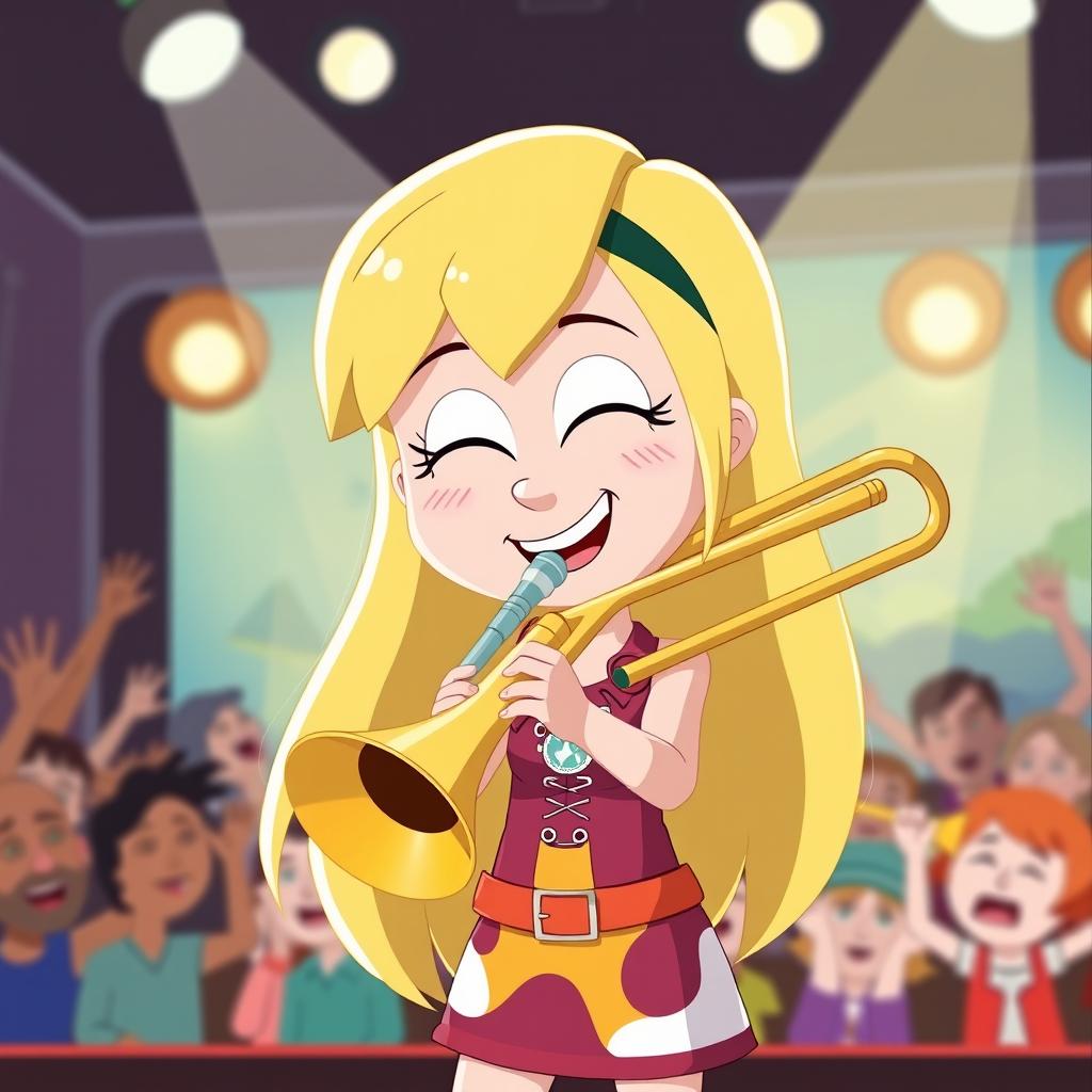 A cartoon character inspired by 'South Park', featuring a girl with long blonde hair named Bebe enthusiastically playing a trombone