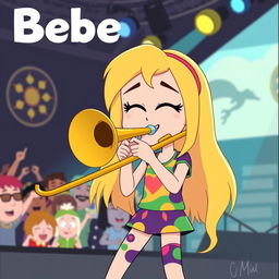 A cartoon character inspired by 'South Park', featuring a girl with long blonde hair named Bebe enthusiastically playing a trombone