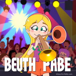 A cartoon character inspired by 'South Park', featuring a girl with long blonde hair named Bebe enthusiastically playing a trombone