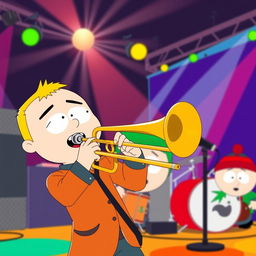 A cartoonish scene inspired by 'South Park', featuring a character enthusiastically playing a trombone