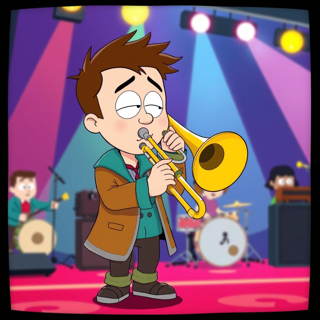 A cartoonish scene inspired by 'South Park', featuring a character enthusiastically playing a trombone