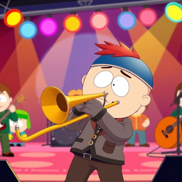 A cartoonish scene inspired by 'South Park', featuring a character enthusiastically playing a trombone