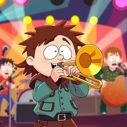 A cartoonish scene inspired by 'South Park', featuring a character enthusiastically playing a trombone