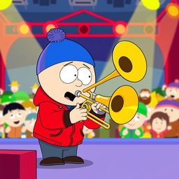 A cartoon scene inspired by 'South Park', featuring Eric Cartman enthusiastically playing a trombone