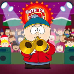 A cartoon scene inspired by 'South Park', featuring Eric Cartman enthusiastically playing a trombone