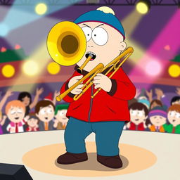 A cartoon scene inspired by 'South Park', featuring Eric Cartman enthusiastically playing a trombone