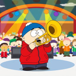 A cartoon scene inspired by 'South Park', featuring Eric Cartman enthusiastically playing a trombone