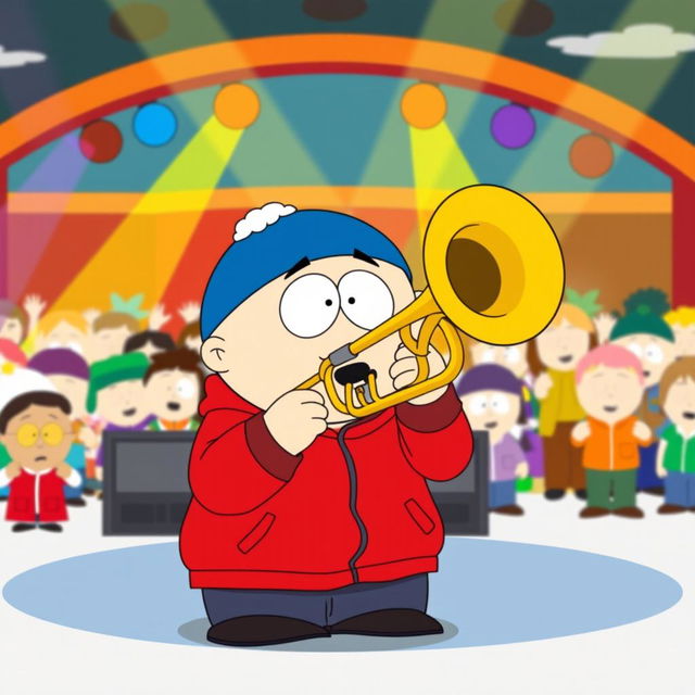 A cartoon scene inspired by 'South Park', featuring Eric Cartman enthusiastically playing a trombone