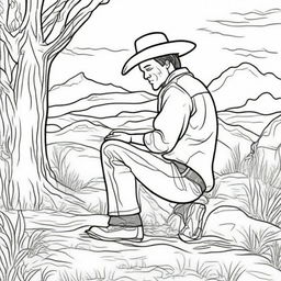 A cowboy on his knees in prayer, a moment of solitude and serenity in the wilderness