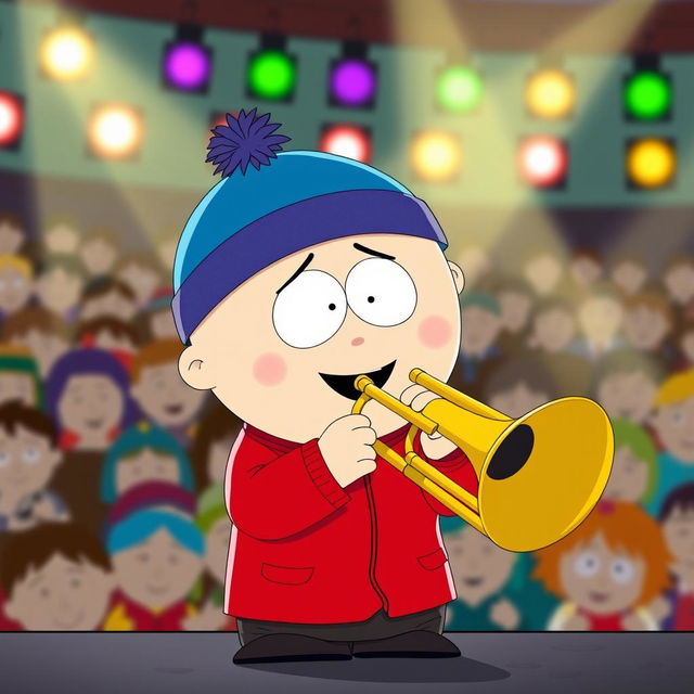 A cartoon scene inspired by 'South Park' featuring Eric Cartman joyfully playing a trombone