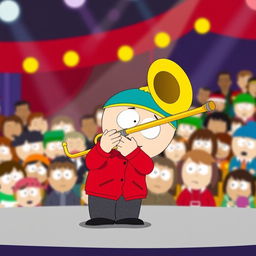 A cartoon scene inspired by 'South Park' featuring Eric Cartman joyfully playing a trombone
