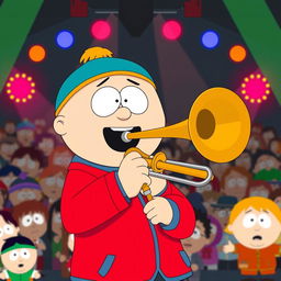 A cartoon scene inspired by 'South Park' featuring Eric Cartman joyfully playing a trombone