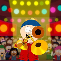 A cartoon scene inspired by 'South Park' featuring Eric Cartman joyfully playing a trombone