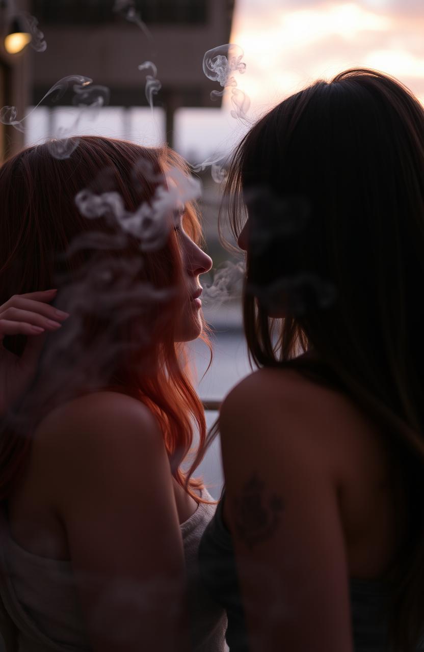 A passionate scene of a red-haired girl and a brunette girl smoking together, with their faces turned away from the viewer