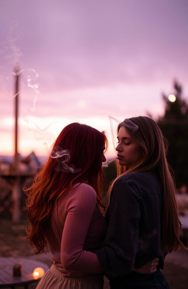 A passionate scene of a red-haired girl and a brunette girl smoking together, with their faces turned away from the viewer