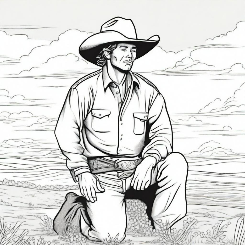 A devout cowboy kneeling down in prayer under the sprawling sky, created as an inspirational colouring book page.