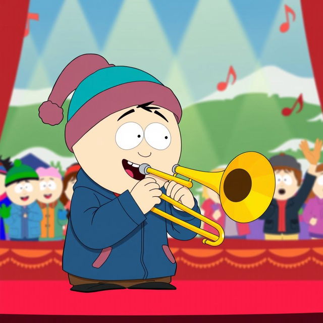 A cartoon scene inspired by 'South Park' featuring Stan Marsh excitedly playing a trombone