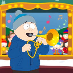 A cartoon scene inspired by 'South Park' featuring Stan Marsh excitedly playing a trombone