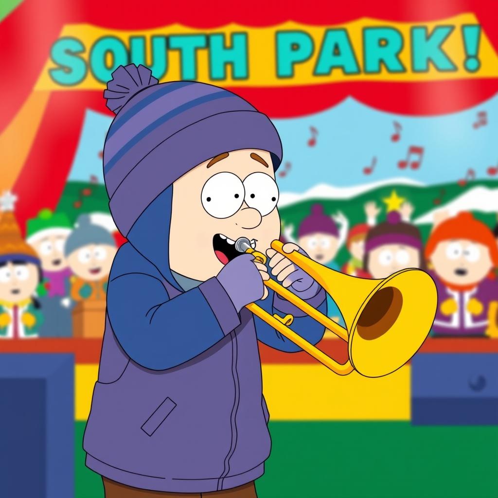 A cartoon scene inspired by 'South Park' featuring Stan Marsh excitedly playing a trombone