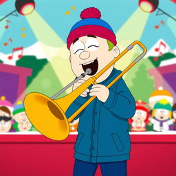 A cartoon scene inspired by 'South Park' featuring Stan Marsh excitedly playing a trombone