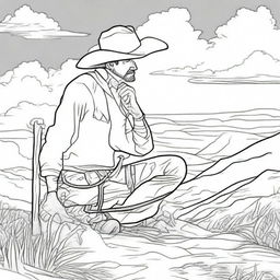 A devout cowboy kneeling down in prayer under the sprawling sky, created as an inspirational colouring book page.