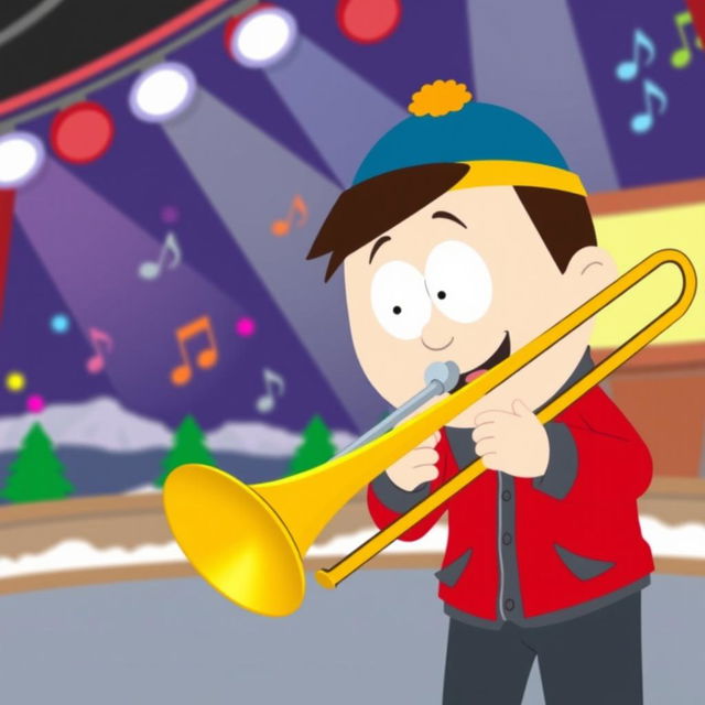 A cartoon scene depicting Stan Marsh from 'South Park' happily playing a trombone