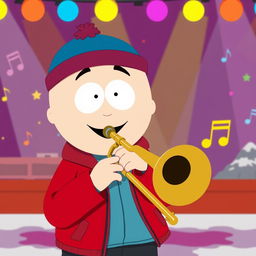 A cartoon scene depicting Stan Marsh from 'South Park' happily playing a trombone