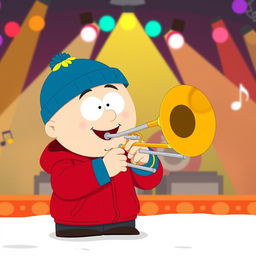 A cartoon scene depicting Stan Marsh from 'South Park' happily playing a trombone