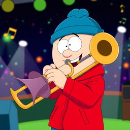 A cartoon scene depicting Stan Marsh from 'South Park' happily playing a trombone