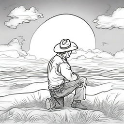 A devout cowboy kneeling down in prayer under the sprawling sky, created as an inspirational colouring book page.