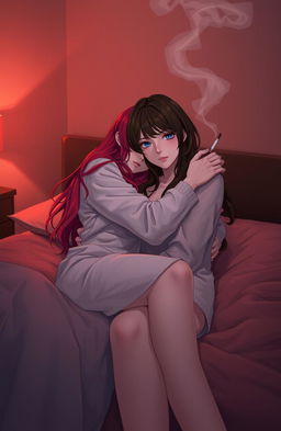 A cozy and intimate scene featuring two girls in a warm, dimly lit room