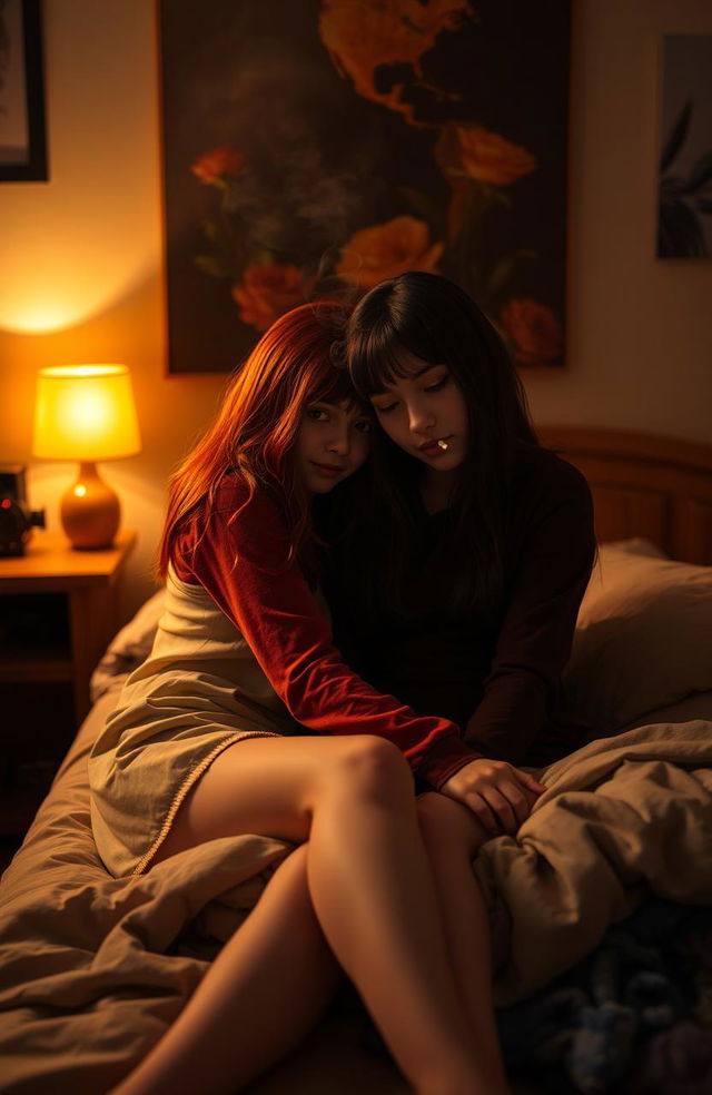 A cozy and intimate scene featuring two girls in a warm, dimly lit room